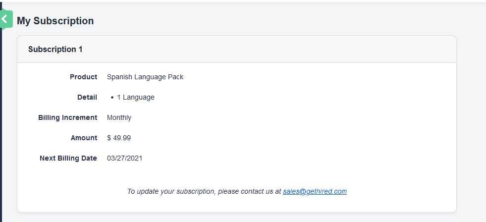Sample subscription pricing, for Spanish language pack